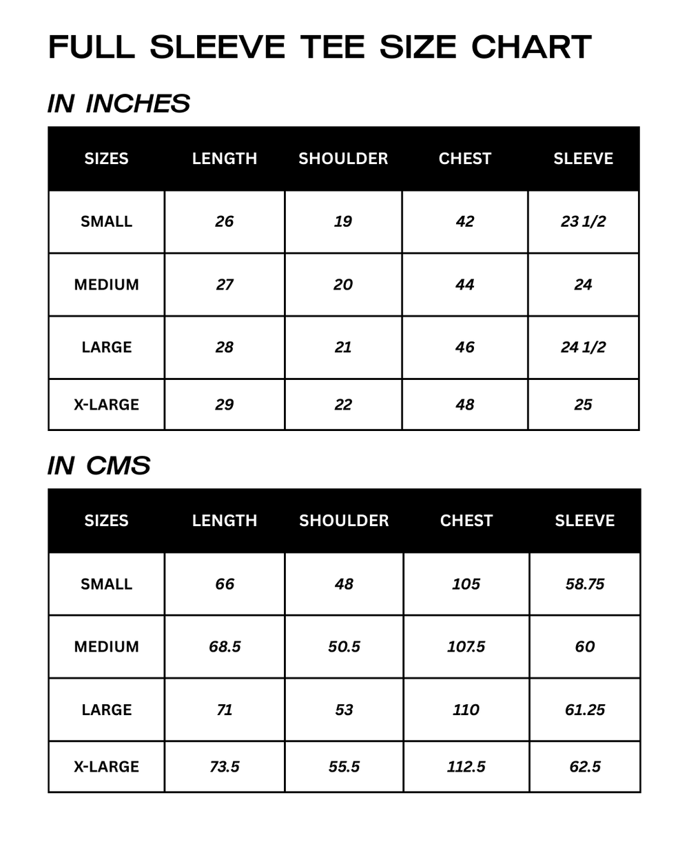 Size Guide (Inches)
